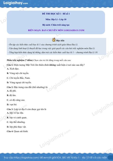Đề thi học kì 1 Địa lí 10 Chân trời sáng tạo - Đề số 3